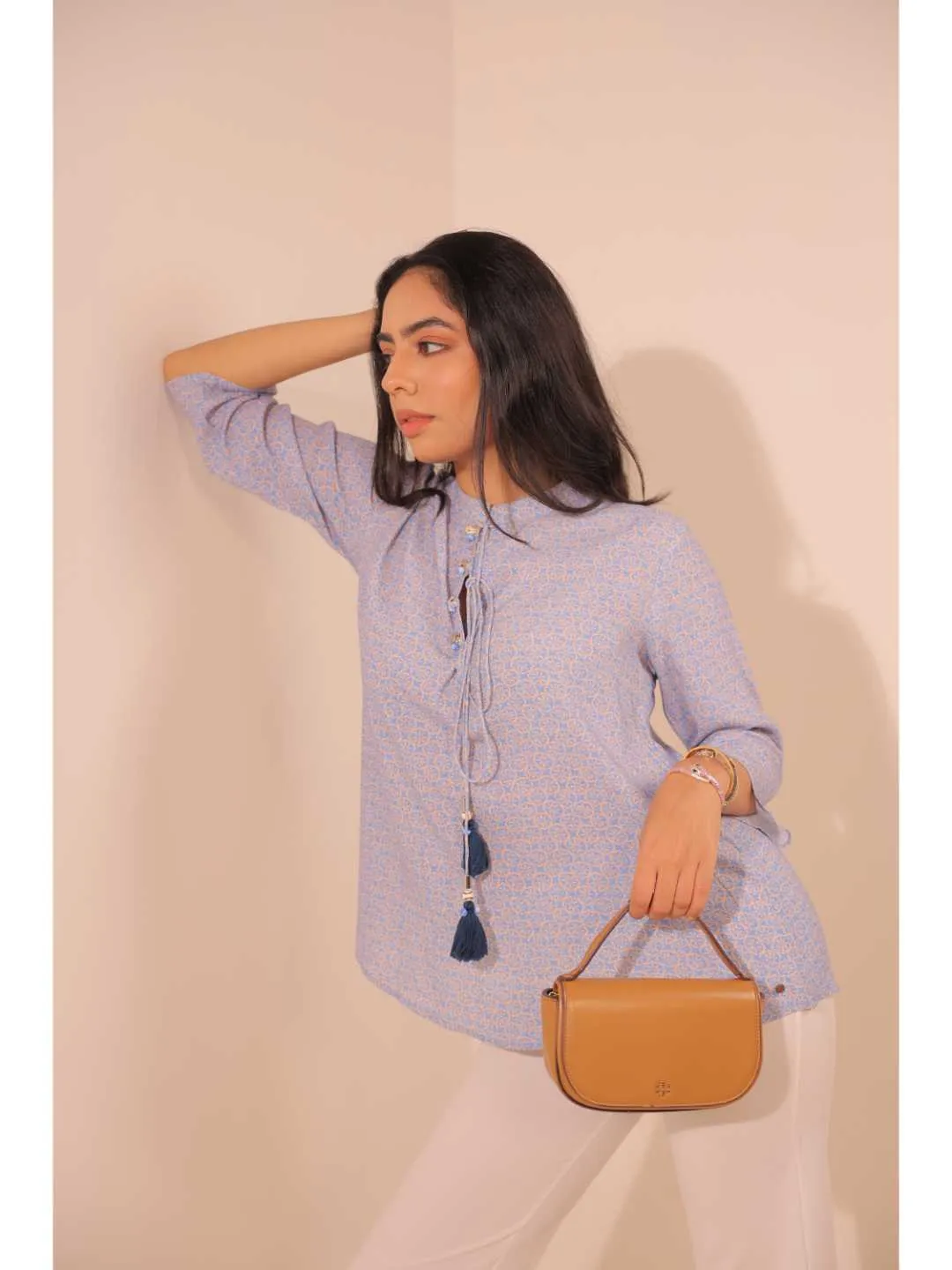 cheerful royal crepe viscose printed mandarin collar string hand embellished top with three-forth sleeve - Blue