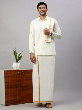 Mens Full Sleeves Cream Shirt with Gold Jari 1/2" Double Dhoti & Towel Set