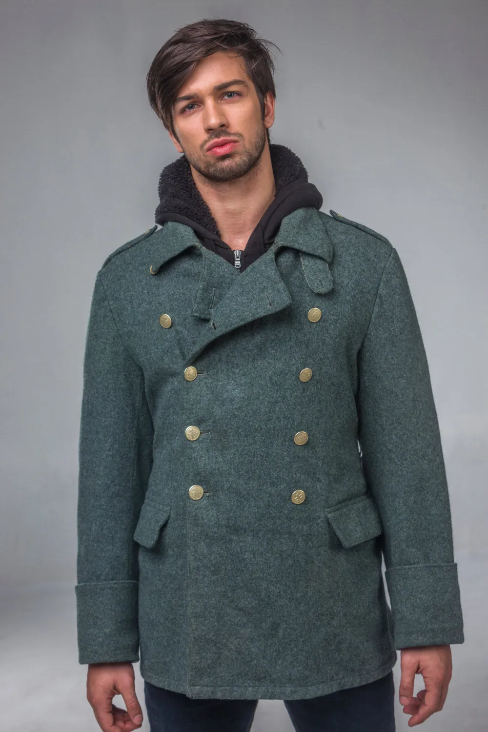 Post WWII Alpine Swiss Army Wool Grey Blue Overcoat
