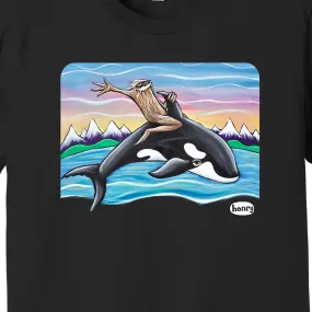 Sasquatch Riding an Orca Black Unisex T-Shirt | Wearable Art by Seattle Mural Artist Ryan "Henry" Ward