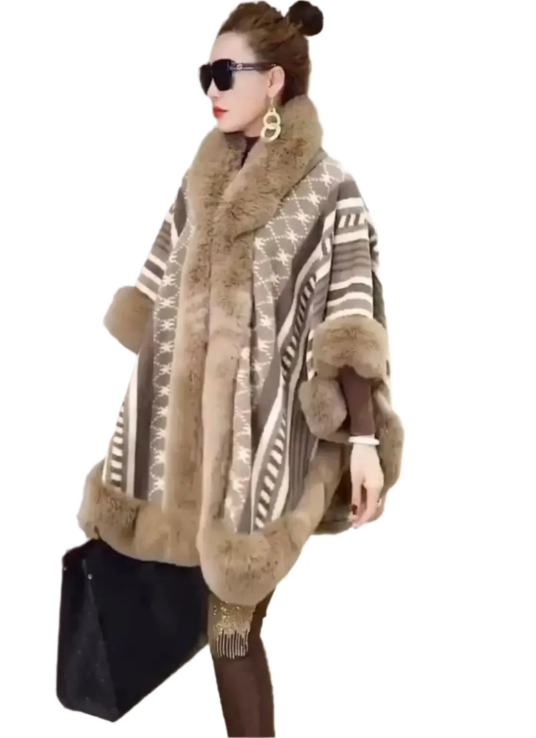 Winter Warm Star-Printed Poncho for Women - Faux Rabbit Fur Collar Cape